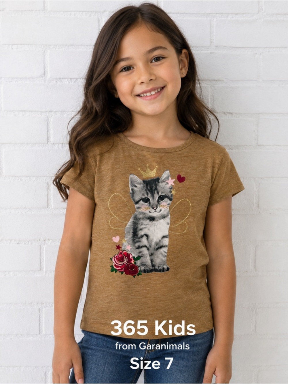 365 Kids by Garanimals Girls Size 7 Fairy Kitten Graphic Short Sleeve Tee Brown